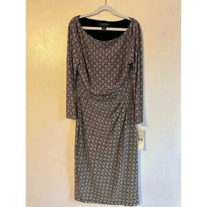 NWT Lauren Ralph Lauren Black/Beige Geometric Stretch 3/4 Sleeves Midi Dress 2